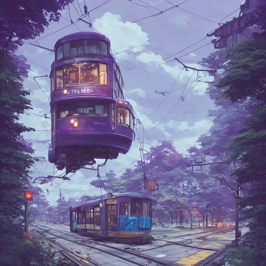 Image similar to a blue purple streetcar is running on the maple leaf sea, unreal engine, fantasy art by greg, loish, rhads, ferdinand knab, makoto shinkai and lois van baarle, ilya kuvshinov, rossdraws, tom bagshaw, night lighting, trending onstudio ghibli, highly detailed, octane render, 8 k