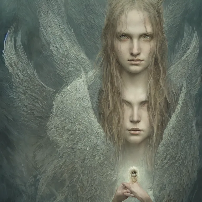 Image similar to angel watching demon, 3 d render, esao andrews, artstation, high face symmetry, intricate, masterpiece, award winning, high face symmetry, intricate, digitalillustration, by greg rutkowski