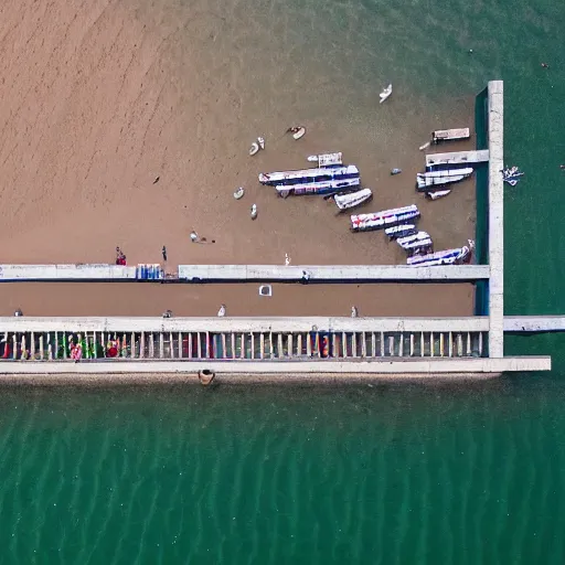 Image similar to a drone shot of the pier in Lido di Ostia, aerial view, photograph, photorealistic, detailed, sharp image, 8k SDR, award-winning, beautiful,