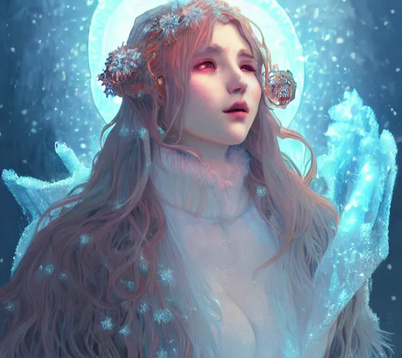 Image similar to beautiful ancient frost witch, fire in eye, snow glow, pool party, highly detailed, digital painting, artstation, sharp focus, illustration, art by tan zi and ayanamikodon and alphonse mucha and wlop!