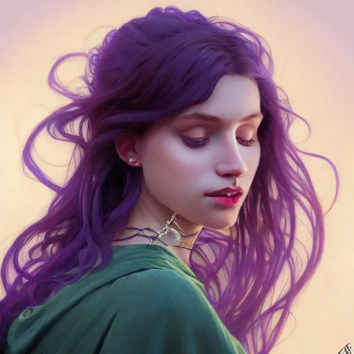 Image similar to portrait of a young girl, nose ring, upper body, purple hair, long hair, joyful smirk, intricate, smoking weed, elegant, highly detailed, digital painting, artstation, concept art, matte, sharp focus, illustration, art by artgerm and greg rutkowski and alphonse mucha