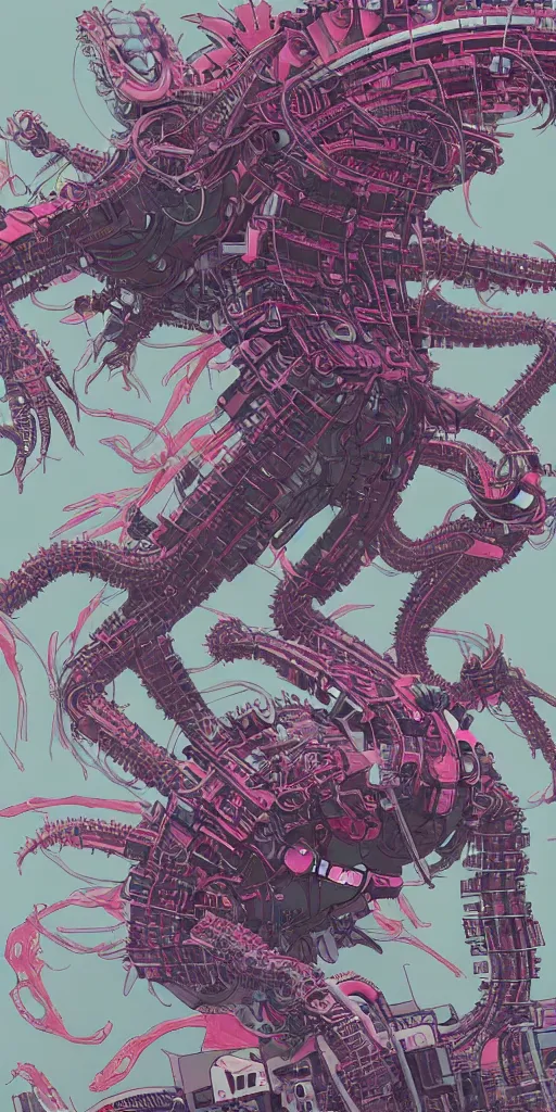 Image similar to a detailed design drawings of a colorful cyberpunk mechanical kaiju creature by tomer hanuka and by katsuhika hokusai trending on artstation