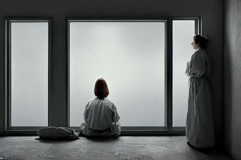 Image similar to a cinematic painting of an old female prisoner inside of jail cell looking out of a window onto a beautiful serene landscape, beautiful lighting, high depth, ultra realistic, artistic, by annie leibovitz, by gregory crewdson