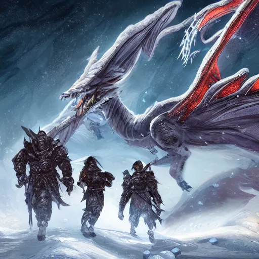 Prompt: a group of heros in a vast snowy landscape fighting a huge white dragon, night with Arora borealis, intricate and vivid detail, fantasy masterpiece, 4k resolution, trending on artstation