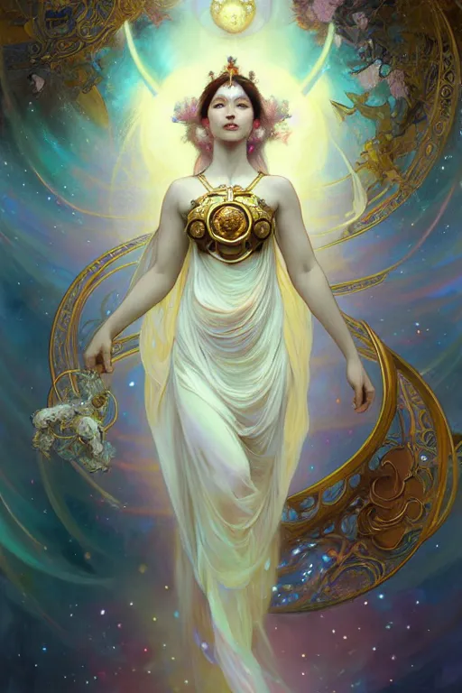 Image similar to Full view realistic ethereal stunning Celestial Goddess of cosmic nebula in a beautiful dress, 4k digital painting masterpiece by Mandy Jurgens and Ruan Jia, ornate Iconography background in the style of Alphonse Mucha, tarot card, amazing, magnificent, mystical, Hyperdetailed, award winning art, Ross Tran, wlop, Artgerm, Craig Mullins, detailed and realistic, soft lighting, intricate details, realistic, full view, Artstation, CGsociety