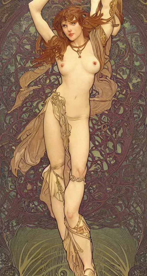 Image similar to Xena Warrior Princess, in the style of Art Nouveau, full-body, bloom, dynamic poses, diaphanous cloth, ornate, filigree, arcane, cinematic lighting, by Alphonse Mucha, by Artgerm, by Bouguereau, by Sakimichan, fantasy, portfolio illustration, highly detailed, trending on Artstation, CGsociety, HQ, 8k, 35mm lens, f2.8, Bokeh,