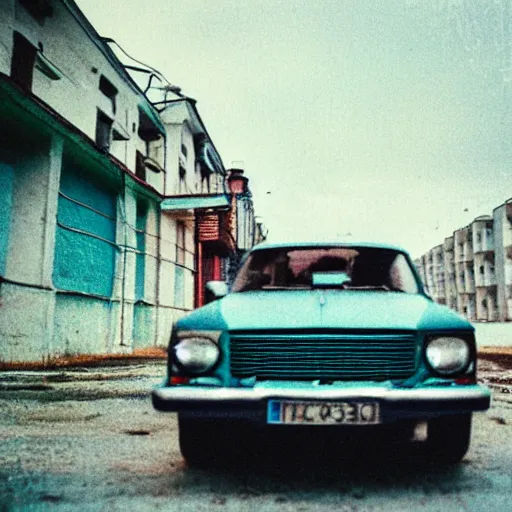 Prompt: low angle close to shot of russian car in soviet yard with block of flats, low grain film,polaroid, masterpiece, f 1.6, bokeh, mid day in style of william egglestone