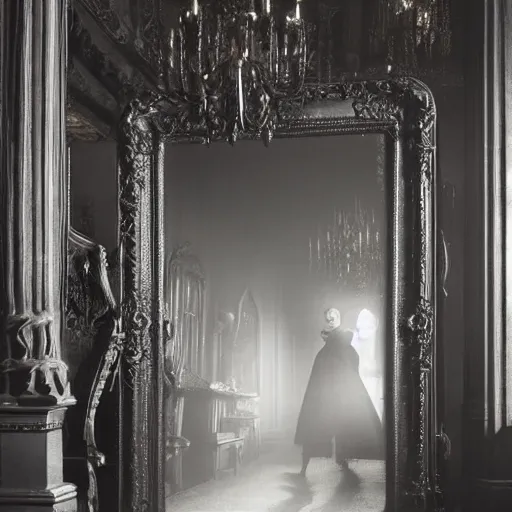 Image similar to a beautiful victorian woman is frightened by her doppleganger in a mirror. she is in a long hallway of mirrors. victorian interior, with many mirrors, twins, elegant design, haunting atmosphere, dark lighting, gothic, horror style, scary, swirling fog, volumetric lighting, by greg rutkowski, realistic, dutch angle, zombies