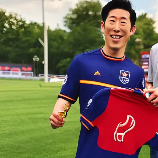 Prompt: son heung min smiling holding jersey for Kansas City Sporting barbecue sauce stain photo