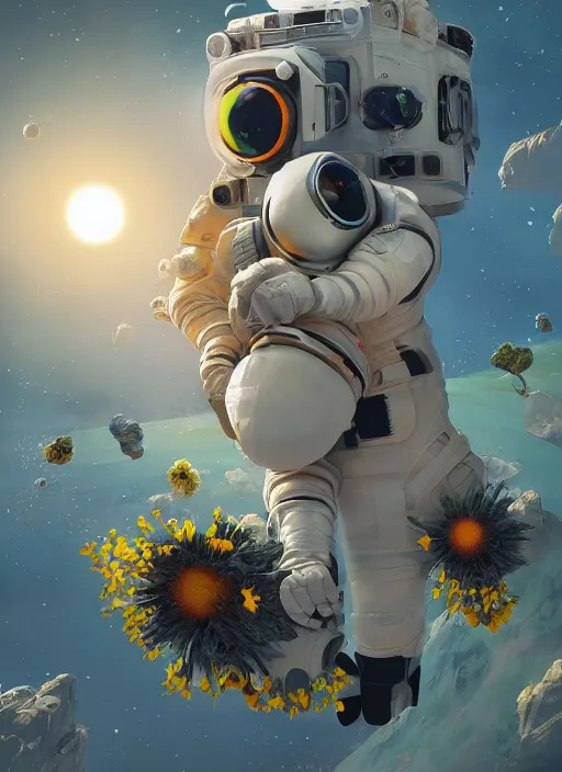 Image similar to An epic fantastic realism comic book style astroneer painting of the most beautiful flowers launched into space, bouquets, solar eclipse, fisheye, unreal 5, DAZ, hyperrealistic, octane render, dynamic lighting