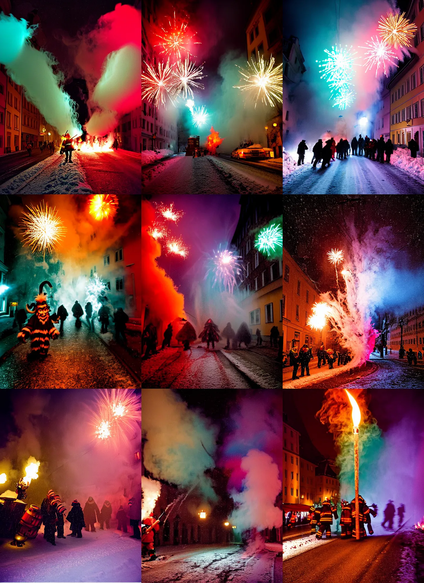 Prompt: kodak portra 4 0 0, winter, snowflakes, rainbow coloured chaos, award winning dynamic photo of a bunch of hazardous krampus between exploding fire barrels by robert capas, motion blur, in a narrow lane in salzburg at night with colourful pyro fireworks and torches, teal lights