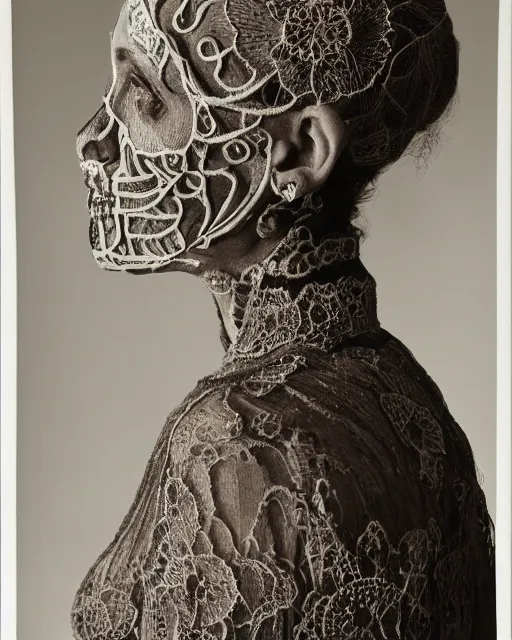 Image similar to a woman's face in profile, made of intricate decorative lace skeleton, in the style of the dutch masters and gregory crewdson, dark and moody