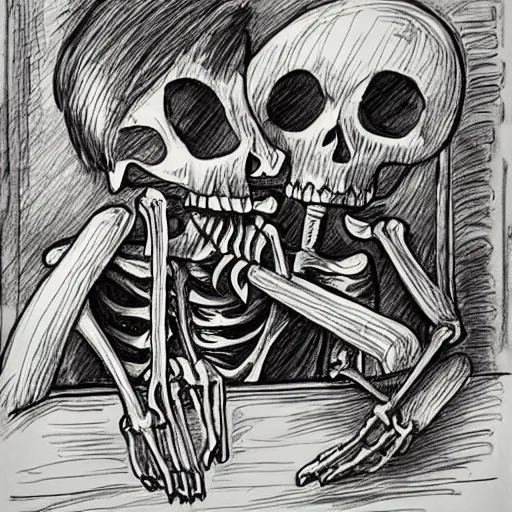 Prompt: A skeleton on a date with my mom