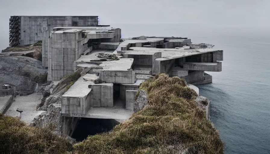 Prompt: coastal perched on a cliff overlooking a magnificient bay, brutalist imperial military base, drawing architecture, ultra very long shot, top angle, imperial architecture in rogue one, pritzker architecture prize, brutalism architecture, jan urschel, greig fraser