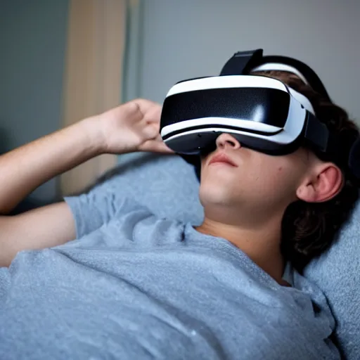Prompt: a stock photo of a teenage boy laying in bed with a bunch of stuff wearing a VR-headset, featured on flickr, cluttered room