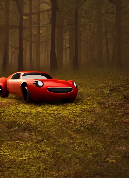 Prompt: an abandoned devil car on a ominous forest biome by pixar, smooth, cinematic, wet reflections, ray tracing x, rtx, smooth