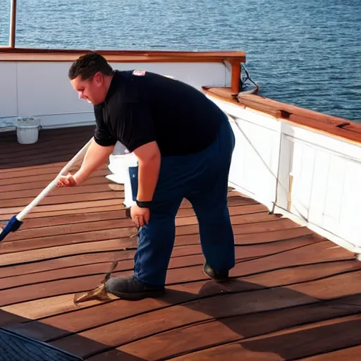 Prompt: An overweight and very tired sailor cleaning the deck, about to quit