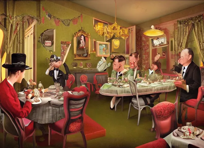 Prompt: inside 1 9 5 0 s dinner, lowbrow, matte painting, 3 - d highly detailed, in the style of mark ryden,