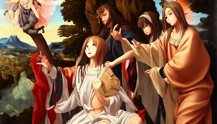 Image similar to jesus christ our lord and savior blessing a cute anime girl, photorealistic, anime, mini skirt, renaissance painting, hyper real, detailed, wide angle shot