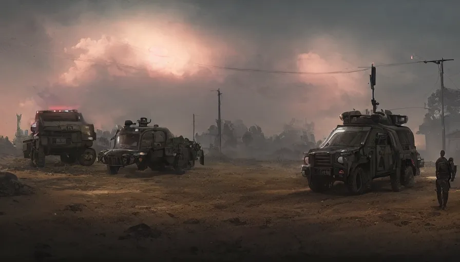 Image similar to a militarized police vehicle riding through a kerala village, troops searching the area, furious action scene, an epic fantasy, dramatic lighting, cinematic, establishing shot, extremely high detail, photorealistic, cinematic lighting, artstation, matte painting, octane render, by simon stalenhag, horizon forbidden west