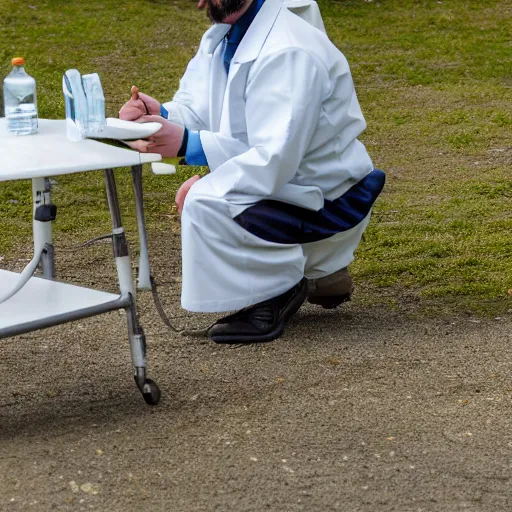 Image similar to a duck scientist wearing a labcoat, duck sits at a table, scientist is a duck, not human, super resolution, 8k, full body shot