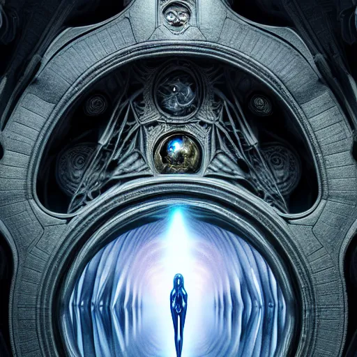 Image similar to majestic portal to another dimension, holly light and image of different time space, ethereal, sci fi, high detail, intricate, giger!, beautiful materials and reflections, photo realistic, 8 k