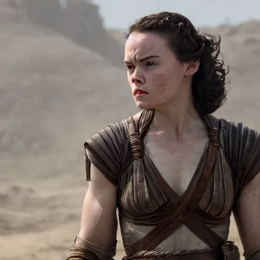 Image similar to film still of daisy ridley in gladiator, angry face, depth of field, mid full shot