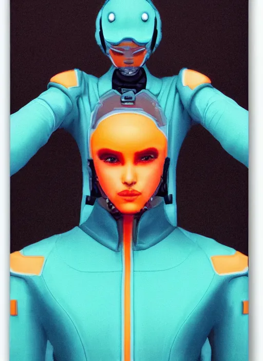 Image similar to symmetry closeup portrait of a racer girl cyborg jumpsuit in clouds cinematic light windy teal orange by gerald brom by mikhail vr