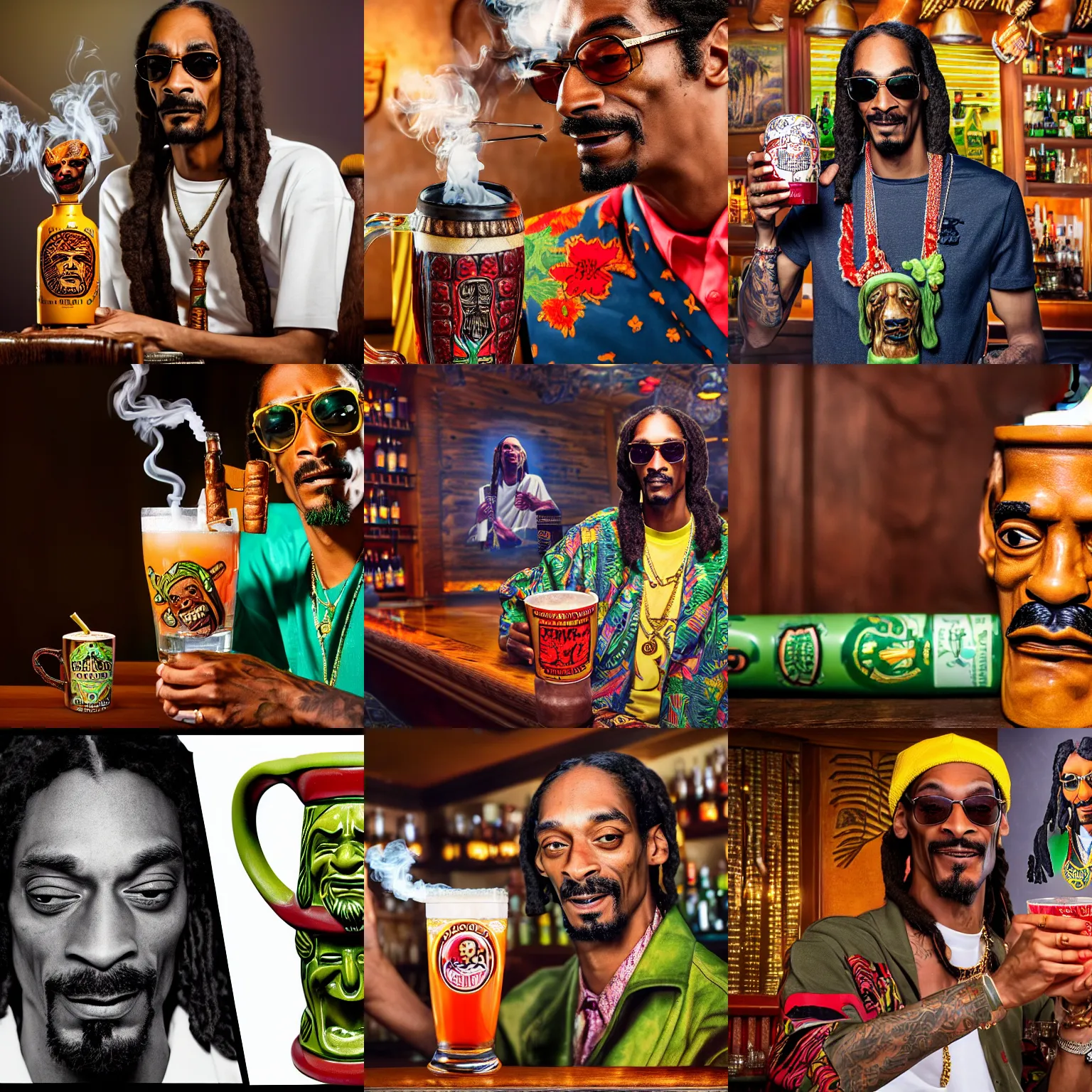 Prompt: a closeup photorealistic photograph of smoking snoop dogg at trader vic's bar holding up a trader vic's tiki mug featuring snoop dogg's face. tiki culture. brightly lit scene. this 4 k hd image is trending on artstation, featured on behance, well - rendered, extra crisp, features intricate detail, epic composition and the style of unreal engine.