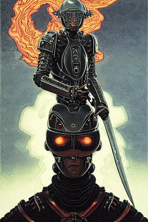 Prompt: portrait of gothic and futuristic young man, warhammer, cyber armor, a lot of scars, thunderstorm, white head, fire eyes, the middle ages, highly detailed, artstation, in the style of moebius, jugendstil and classic japanese print, art by sydney mount and jean delville