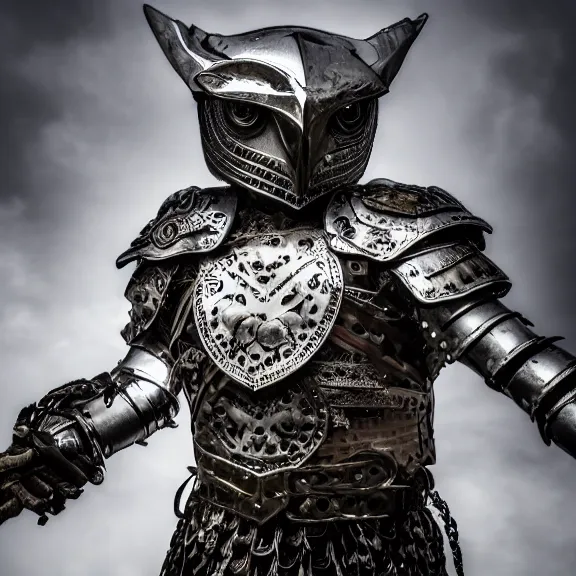 Image similar to photo of a warrior with metal owl theme armour, 4 k, hdr, smooth, sharp focus, high resolution, award - winning photo