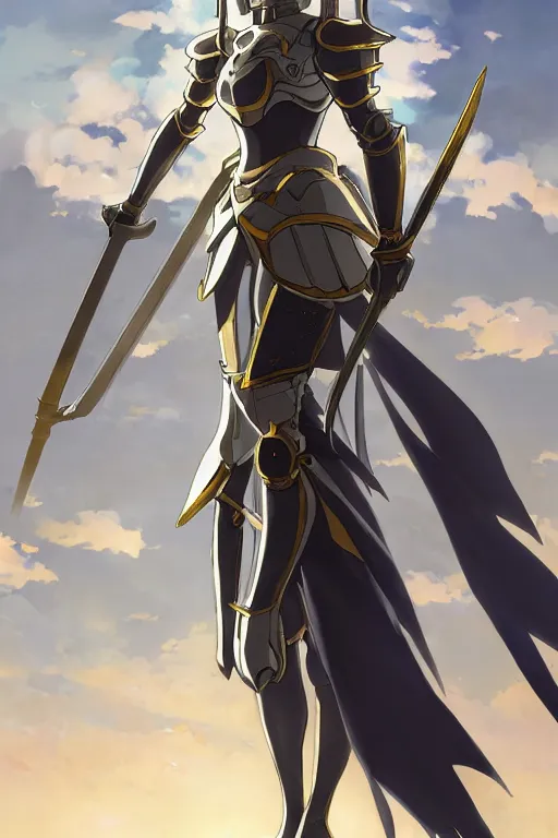 Image similar to anime key visual concept art of anime female knight standing in the doorway of a grand chapel, silver armor with gold trims, warscythe holstered on her back, trending on artstation, brush strokes, oil on canvas, style of kawacy and makoto shinkai and greg rutkowski and studio ghibli