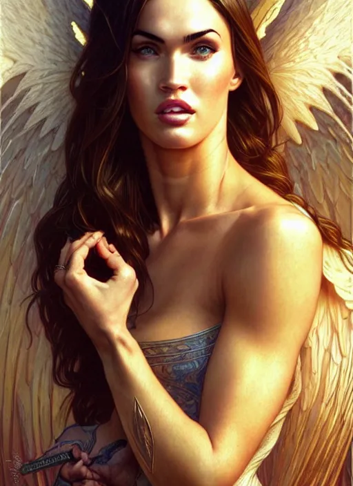 Image similar to portrait of megan fox as an blonde angel, wings, bible, intricate, headshot, highly detailed, digital painting, artstation, concept art, sharp focus, cinematic lighting, illustration, art by artgerm and greg rutkowski, alphonse mucha, cgsociety