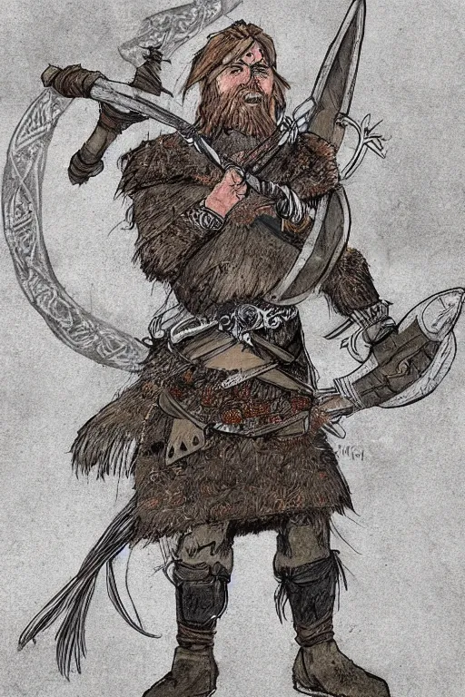 Prompt: full body character concept art of Eoghaill of the Murine Hordes, a La Tene Culture Celtic chieftain and warrior, resplendent and proud of bearing. Has a one-eyed rat as a familiar. Eoghaill is the leader of an Comlagh Naomh a group of Iron Age mercenaries.