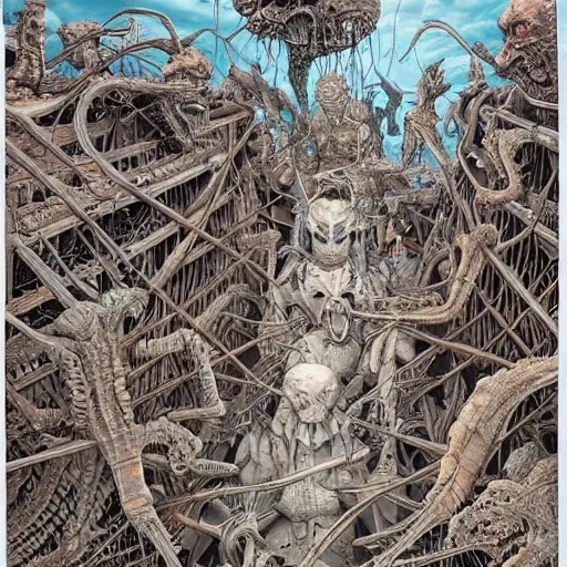 Prompt: opening a door to an impossible nightmare beyond comprehension, very very detailed painting by geof darrow and greg rutowski and hr giger