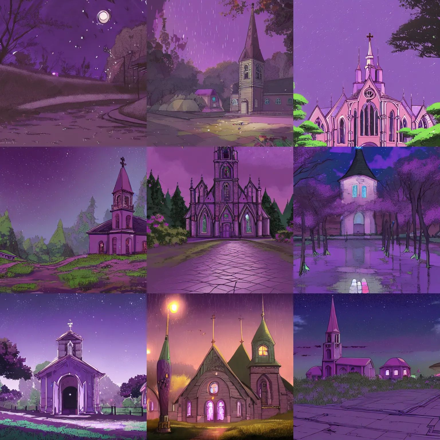 Prompt: purple church and wet ground under night sky,anime background for half-length character,very detailed,trending on artstation, view by an ant,ghibli studio style,