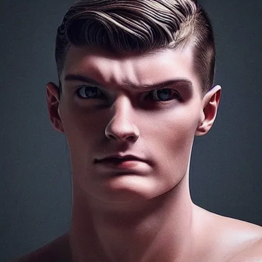 Image similar to “a realistic detailed photo of a guy who is an attractive humanoid who is half robot and half humanoid, who is a male android, Max Verstappen, shiny skin, posing like a statue, blank stare”