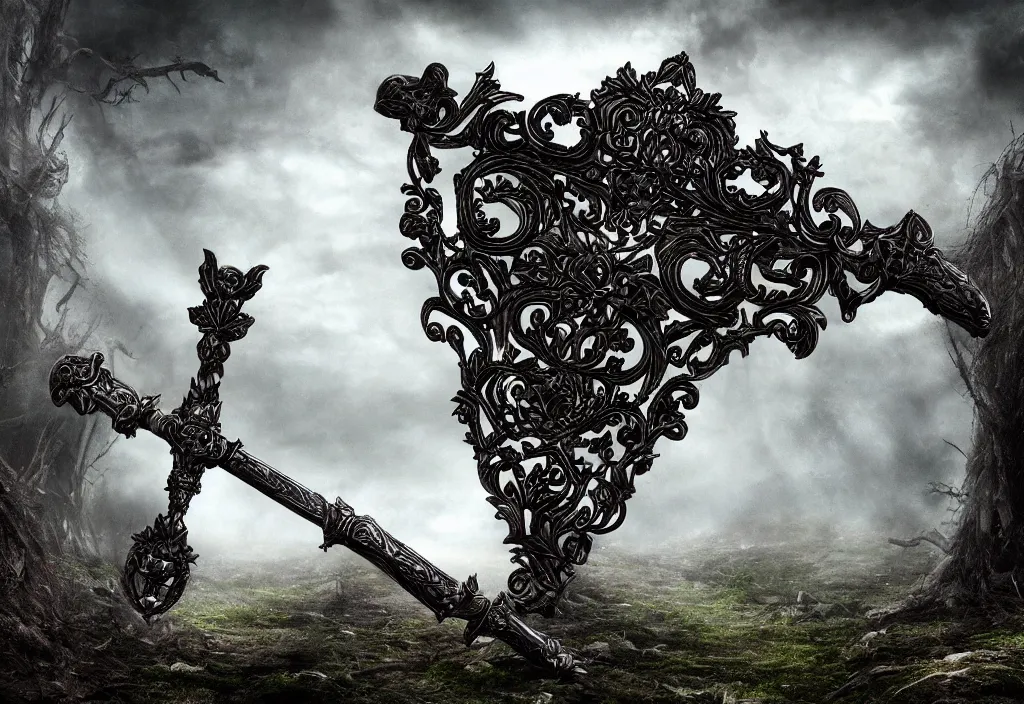 Prompt: ornate broadsword stuck in the ground, 4k ultra hd, fantasy dark art