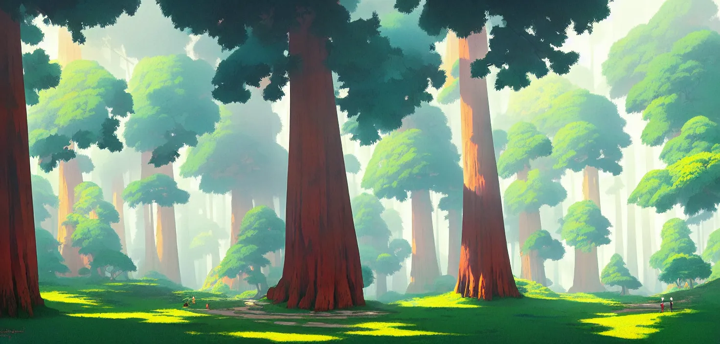 Image similar to Sequoia park in a colorful moutain with beautiful trees , no people, morning, by studio ghibli painting, superior quality, masterpiece, traditional Japanese colors, by Grzegorz Rutkowski, concept art