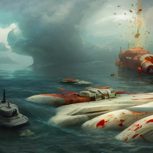 Image similar to subsurface scattering, white, giant submarine, koi colors, no koi, octane render, jesper ejsing, justin gerard, james jean, tomasz alen kopera, cgsociety, fenghua zhong, makoto shinkai, highly detailed, rim light, art, cinematic lighting, very coherent, hyper realism, 8 k