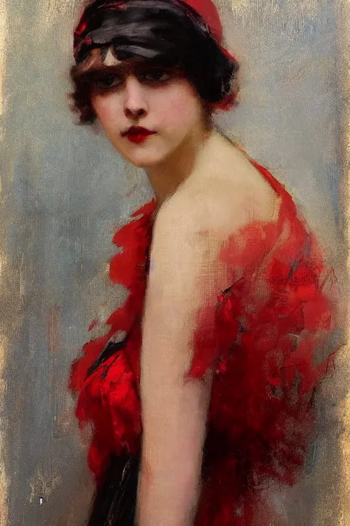 Image similar to Solomon Joseph Solomon and Richard Schmid and Jeremy Lipking victorian genre painting full length portrait painting of a young beautiful woman 1920s flapper , red background