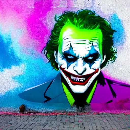 Image similar to florescent glowwave graffiti of the joker on a street wall, glow wave