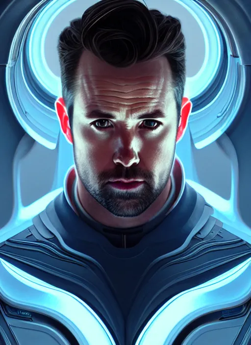 Image similar to symmetry! portrait of rob mcelhenney, sci - fi, tech wear, glowing lights!! intricate, elegant, highly detailed, digital painting, artstation, concept art, smooth, sharp focus, illustration, art by artgerm and greg rutkowski and alphonse mucha