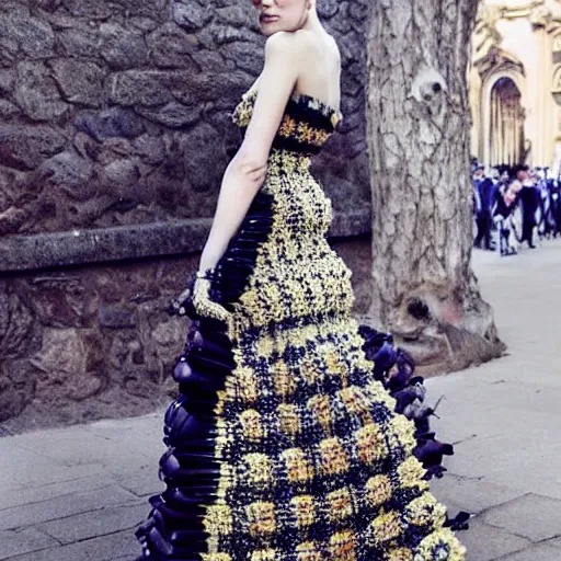 Image similar to stunning gown made of 🐝 !! street style, backlit, Alexander mcqueen, Vivienne Westwood, Oscar De la Renta, Dior, high fashion photo shoot, photograph by annie leibovitz, fantasy lut,