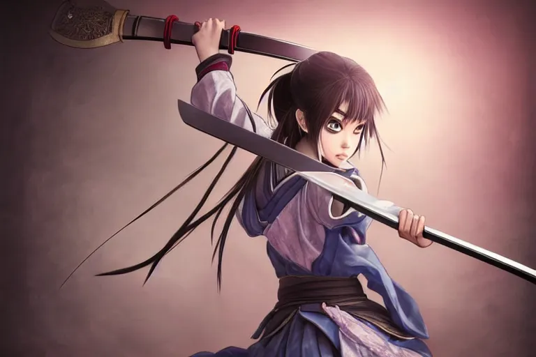 Prompt: highly detailed beautiful photo of a madison beer as a young female samurai, practising sword stances. art by koyoharu gotouge, symmetrical face, beautiful eyes, realistic, 8 k, award winning photo, pastels colours, action photography, 1 / 1 2 5 shutter speed, sunrise lighting,