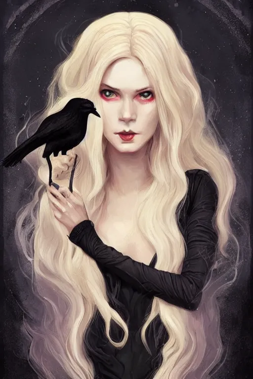 Image similar to tarot, beautiful wicked female occultist, sweeping ombre blonde hair, red eyes, high cheekbones, Victorian, black velvet dress, dark colors, magic Amulet, raven, fantasy painting, trending in Artstation, GSociety, by Charlie Bowater, Brom, Bastien Lecouffe-Deharme