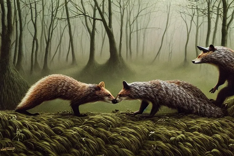 Image similar to photo, badgers and foxes having a fight, woodland location, stefan kostic and david cronenberg, realistic, sharp focus, 8 k high definition, intricate, chiaroscuro, elegant, perfect faces, symmetrical face, extremely detailed, hypnotic eyes, realistic, fantasy art, masterpiece zdzislaw beksinski, artgerm