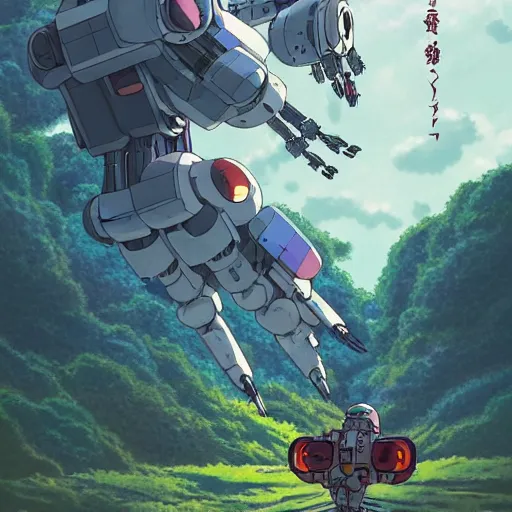 Prompt: a beautiful movie still in the style of Studio Ghibli anime showing a chrome mecha flying through a post-apocalyptic Singapore overrun with vegitation. Studio Ghibli, trending on artstation, trending on behance