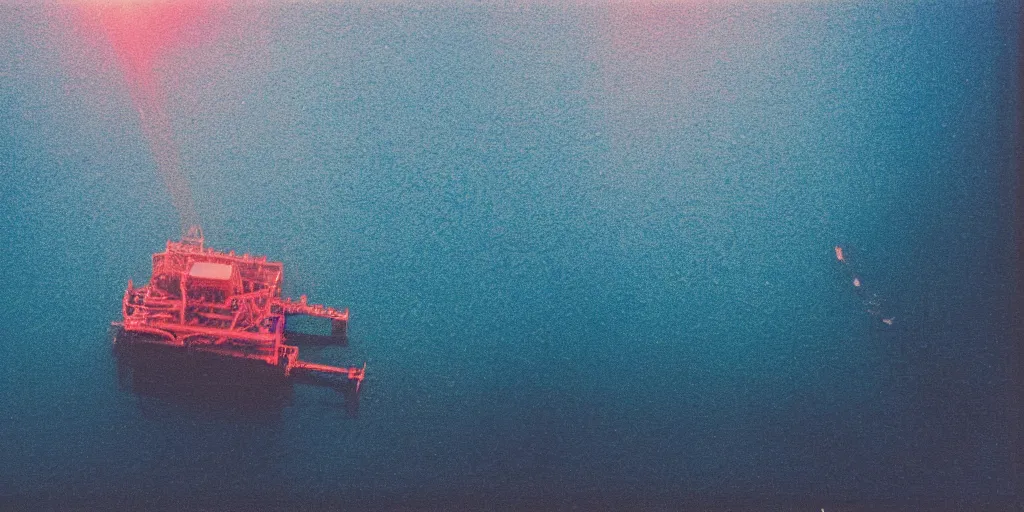 Prompt: analog polaroid photograph of an oil rig on the ocean, seen from above, drone footage, bright sun reflection in the water, lensflare, film grain, azure tones, red color bleed