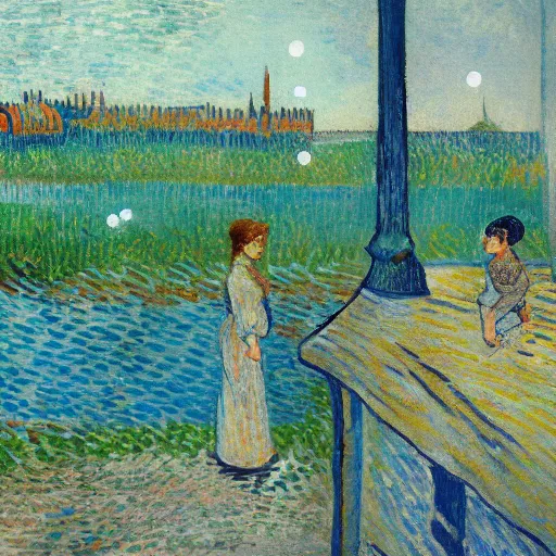 Image similar to young woman dreaming of bubbles and fish, concept art, gouache, camille pissarro, van gogh, wide shot